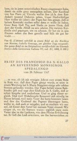 Brief des Francesco da S. Gallo an reverendo Monsignor Spedalengo