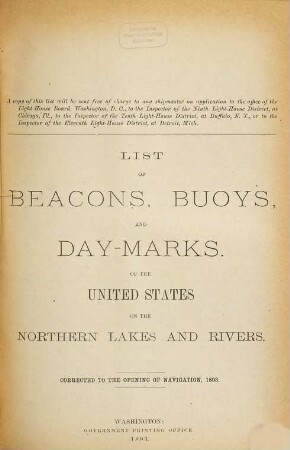 List of beacons, buoys, and day marks of the United States on the Northern lakes and rivers. 1893, 1893