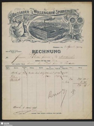 Dessauer Wollengarn-Spinnerei, Dessau : Rechnung