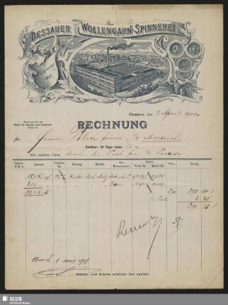 Dessauer Wollengarn-Spinnerei, Dessau : Rechnung