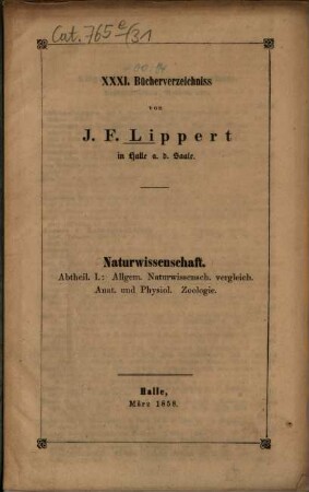 Bücherverzeichniss von J. F. Lippert in Halle a. d. Saale. 31. 1858