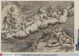 [Le lever du soleil représenté d'une manière poétique; Apollo, begleitet von der Zeit und den Horen, lässt die Sonne aufgehen]