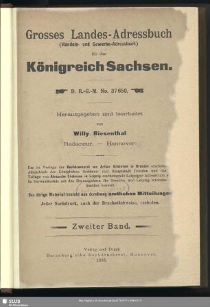 1898,2: Grosses Landes-Adressbuch (Handels- und Gewerbe-Adressbuch) für das Königreich Sachsen