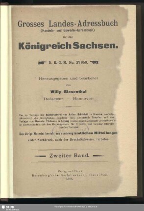 1898,2: Grosses Landes-Adressbuch (Handels- und Gewerbe-Adressbuch) für das Königreich Sachsen