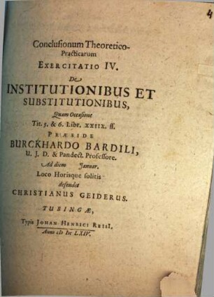 Conclusiones theoretico-practicae ad Pandectas : Exerc. IV., de institutionibus et substitutionibus