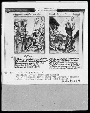 Zwei Schriften — Speculum humanae salvationis — Textseite mit zwei Miniaturen, Folio 67verso