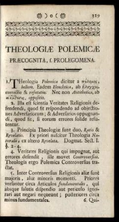 Theologiae Polemicae Praecognita, f. Prolegomena