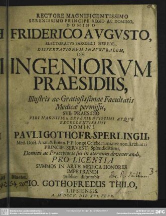 Dissertationem Inauguralem, De Ingeniorum Praesidiis