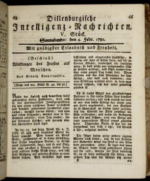 V. Stück. Sonnabends: den 4. Febr. 1792.