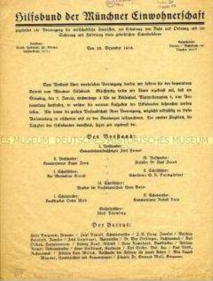 Rundschreiben des Hilfsbundes der Münchner Einwohnerschaft mit Einladung zu einer Versammlung