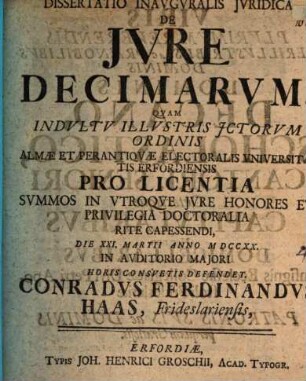Dissertatio Inavgvralis Jvridica De Jvre Decimarvm