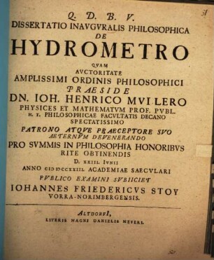 Dissertatio Inavgvralis Philosophica De hydrometro
