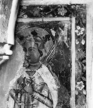 Kreuzigung Christi im Beisein von Heiligen : Kreuzigung Christi im Beisein von Heiligen. Fresko (1401/1450 und um 1500). Detail. Murau, Stadtpfarrkirche Sankt Matthäus, Langhaus, erster südlicher Pfeiler