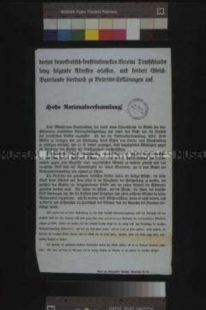 Maueranschlag: Hohe Nationalversammlung! Der Constitutionelle Club ruft die preußische Nationalversammlung zum Widerstand gegen den Staatsstreich auf. Fragment