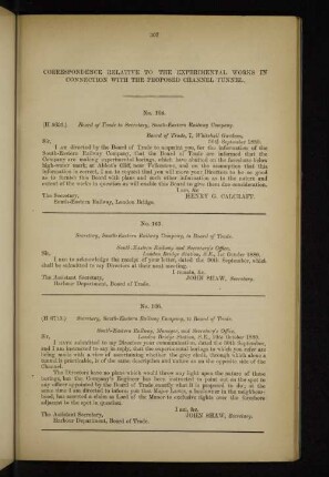 Correspondence relative to the experimental works in connection with the proposed Channel Tunnel.