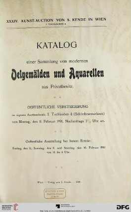 Katalog einer Sammlung von modernen Ölgemälden und Aquarellen aus Privatbesitz : öffentliche Versteigerung von Montag, den 11. Februar 1901 an (Katalog Nr. 34)