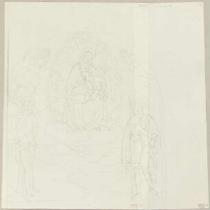 Die thronende Madonna mit Kind zwischen dem heiligen Sebastian sowie einem Lanze tragenden Heiligen und Engeln, nach einer Maestà zwischen Trevi und alle Vene