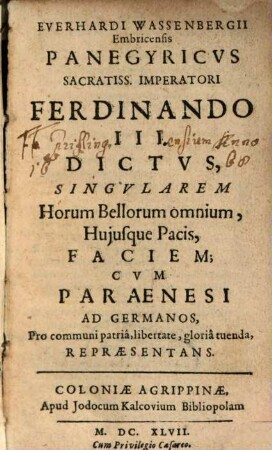 Panegyricus sacratissimo imperatori Ferdinando III. dictus