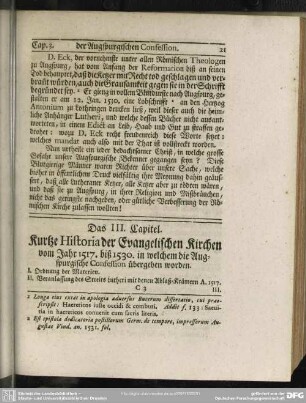 Das III. Capitel. Kurzte Historia der Evangelischen Kirchen vom Jahr 1517. biß 1530. in welchem die Augspurgische Confession übergeben worden
