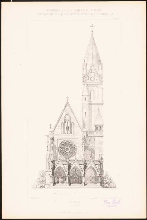 Kapelle: Ansicht Westseite (aus: C. Schäfer, Die Bauhütte, Entwürfe im Stile des Mittelalters, 3. Bd., 1895, Blatt 30)