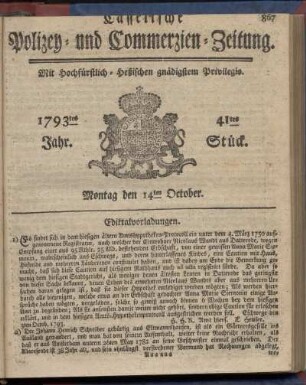 41tes Stueck, Montag den 14ten October 1793