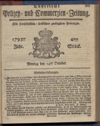 41tes Stueck, Montag den 14ten October 1793