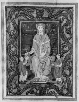 Codex Egberti — Thronender Erzbischof Egbert mit den Reichenauer Mönchen Kerald und Heribert, die ihm zwei Codices überreichen, Folio 2recto