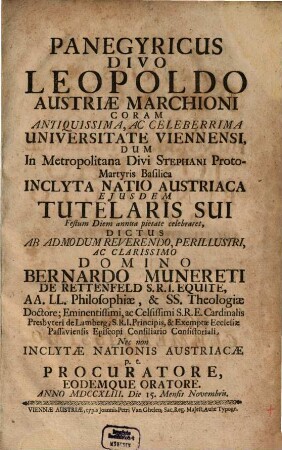 Panegyricus divo Leopoldo Marchioni Austriae ...