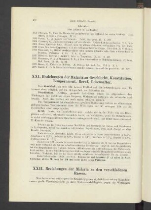 XXI. Beziehungen der Malaria zu Geschlecht, Konstitution, Temperament, Beruf, Lebensalter.