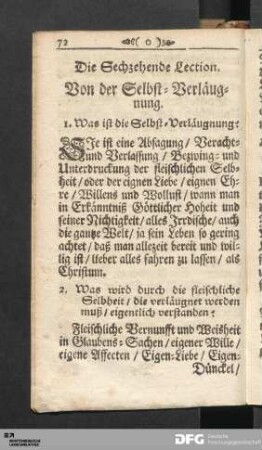 Die Sechzehende Lection. Von der Selbst-Verläugnung.