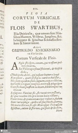 Floia Cortum Versicale De Flois Swartibus, Illis Deiriculis, quae omnes fere Minsshos Mannos, Weibras, Jungfras, &c. ...