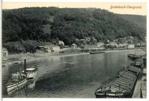 Bodenbach. Obergrund. Blick über die Elbe mit Raddampfer und Schleppkähnen