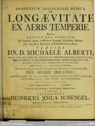 Dissertatio Inauguralis Medica, De Longaevitate Ex Aeris Temperie