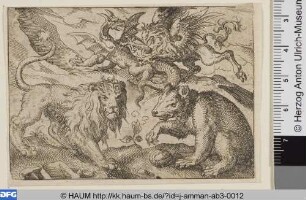 Löwe, Bär und Drache, von einem Greifen angegriffen