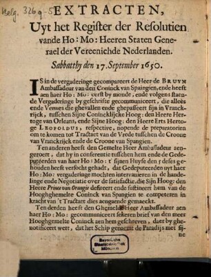 Extracten, uyt het Register der Resolutien vande Ho. Mo. Heeren Staten Generael der Vereenichde Nederlanden, Sabbatthy den 17. September 1650