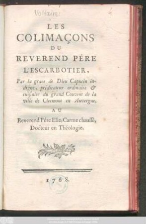 Les Colimaçons Du Reverend Pére L'Escarbotier : Par la grace de Dieu Capucin indigne, prédicateur ordinaire & cuisinier du grand Couvent de la ville de Clermont en Auvergne