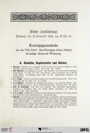 A. Gemälde, Kupferstiche und Bücher (Nr. 1-57)