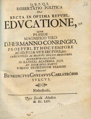Dissertatio politica de recta in optima republ. educatione