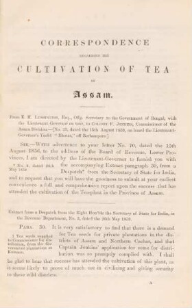 Correspondence regarding the cultivations of tea in Assam