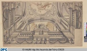 Kassel, Gemach des Landgrafen: Halbentwurf einer Scheinarchitektur für eine quadratische Decke: von Säulenbündeln getragene Arkaden und im Vierpass geöffnete Kuppel mit Perseus, auf Pegasus reitend
