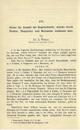 XVI. Ueber die Anzahl der Kegelschnitte, welche durch Punkte, Tangenten und Normalen bestimmt sind.