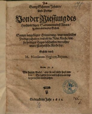 Georg Scherer, Jesuiten, Erste Predigt, Von der Niessung des Hochwürdigen Sacraments deß Altars, in einer oder beyder Gestalt