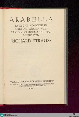 Arabella : lyrische Komödie in drei Aufzügen