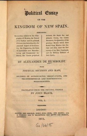 Political essay on the kingdom of New Spain, 1. - XVII, CXLV, 289 S.