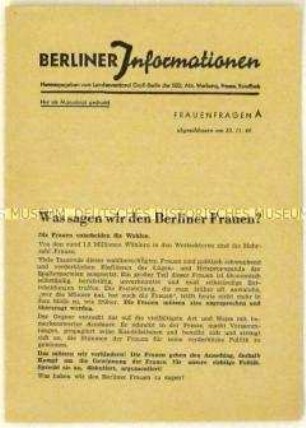 Informationsmaterial der SED Groß-Berlin zur Wahl zur Stadtverordnetenversammlung von Groß-Berlin vom 5. Dezember 1948 mit Blickrichtung auf die Frauen