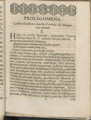 Prolegomena. Lectori Christiano Sanctæ Veritatis & Antiquitatis Studioso. S.