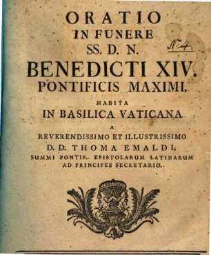 Oratio in funere SS. D. N. Benedicti XIV. Pontificis Maximi