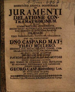 Dissertatio Juridica Inauguralis De Juramenti Delatione Contra Matrimonium