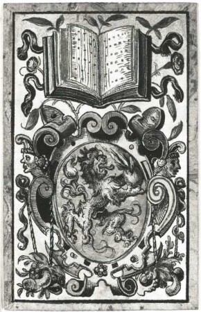 Spielkarte "Bücher - Eins" (J. Amman; Holzschnitt, farbig; Staatliche Kunstsammlungen Dresden (SKD))
