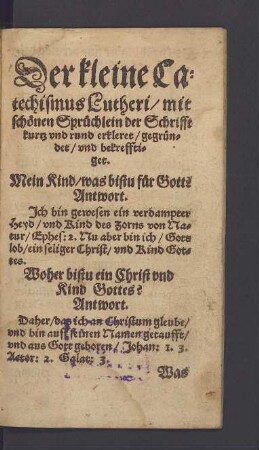 Kinder Bibel, Der kleine Catechismus D. Martini Lutheri : mit schönen Sprüchlein heiliger Schrifft erkleret, gegründet und bekrefftiget
